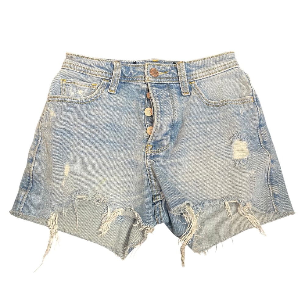 Hollister Womens High Rise Button Fly Distressed Denim‎ Shorts Light Wash Blue